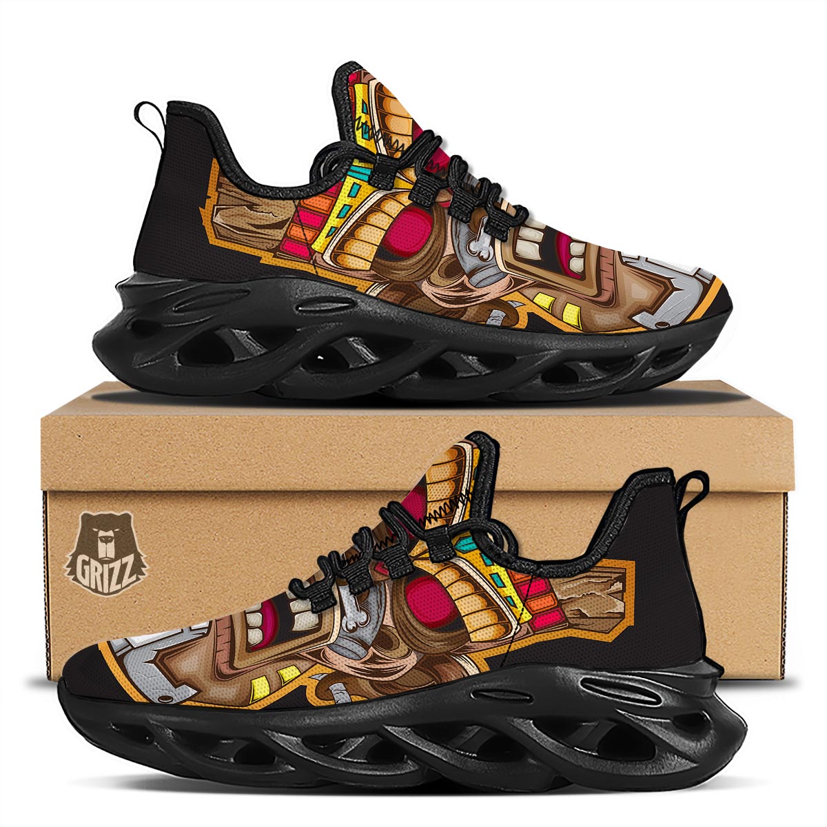 Totem Tiki Print Black Running Shoes-grizzshop