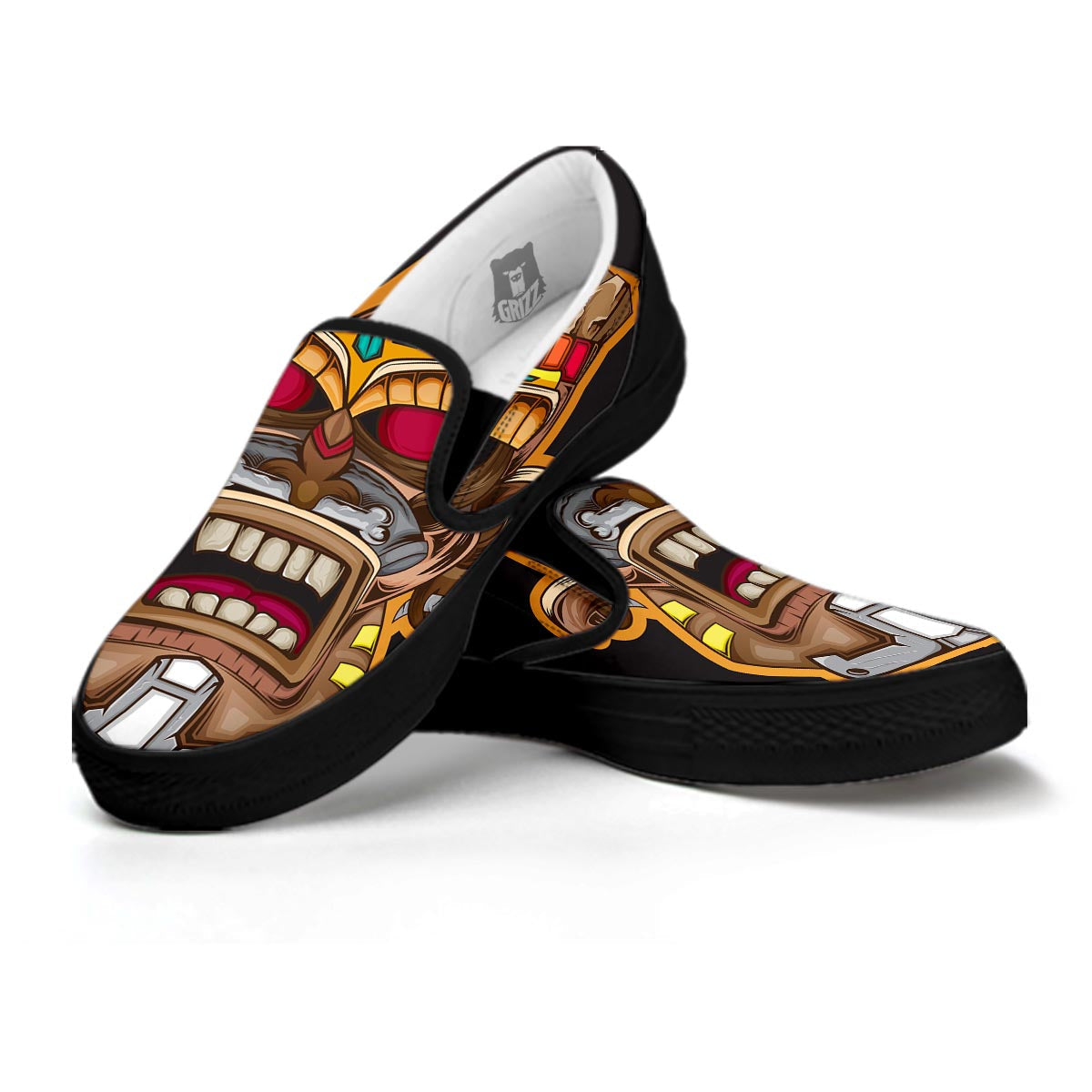 Totem Tiki Print Black Slip On Shoes-grizzshop