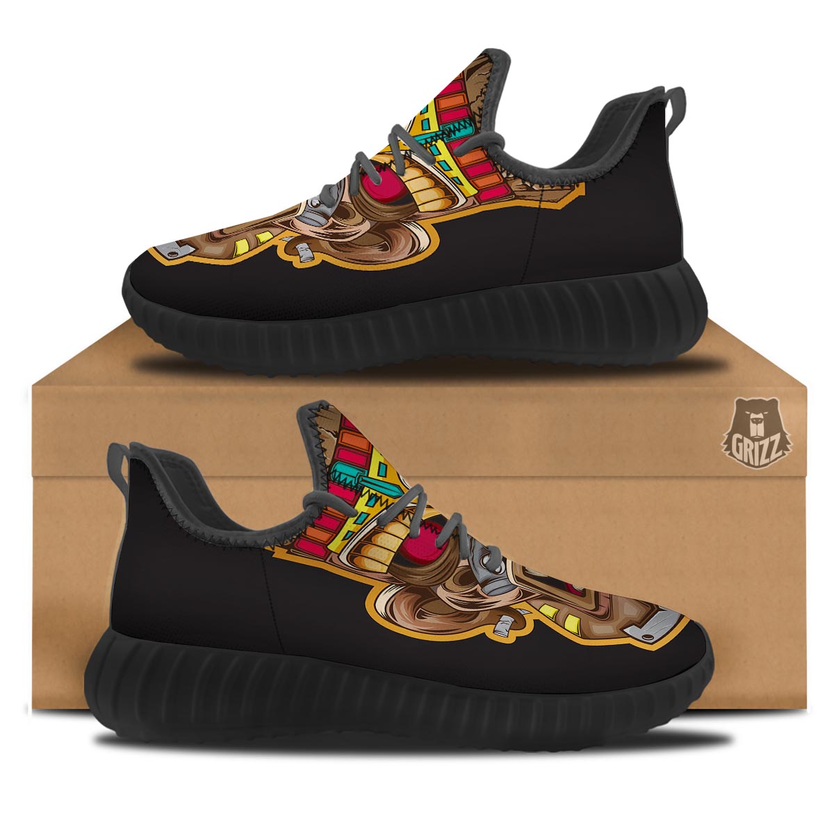 Totem Tiki Print Black Walking Shoes-grizzshop