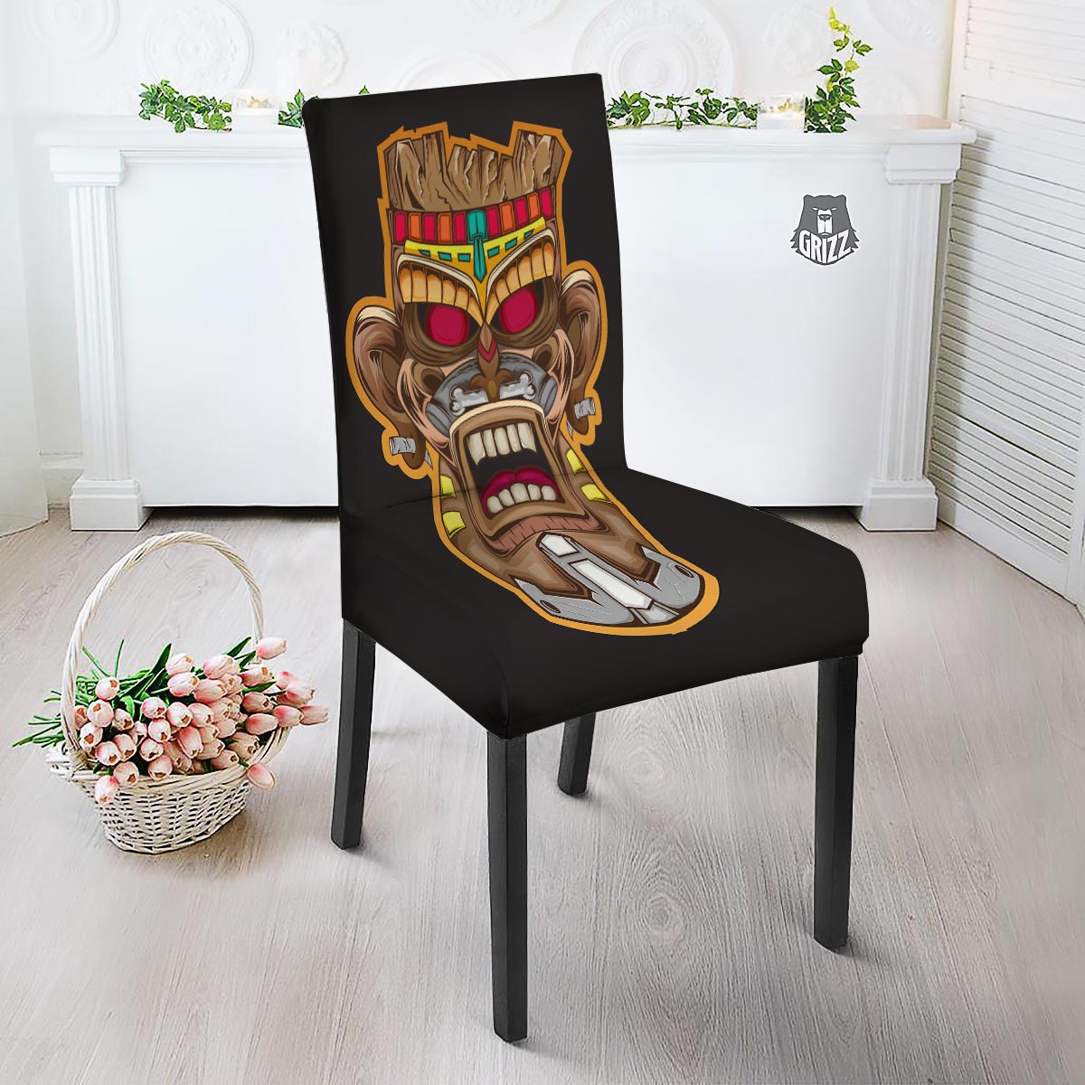 Totem Tiki Print Dining Chair Slipcover-grizzshop