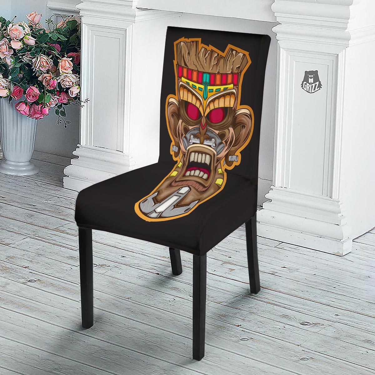 Totem Tiki Print Dining Chair Slipcover-grizzshop