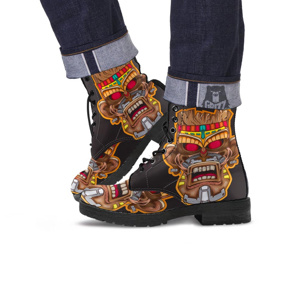 Totem Tiki Print Leather Boots-grizzshop