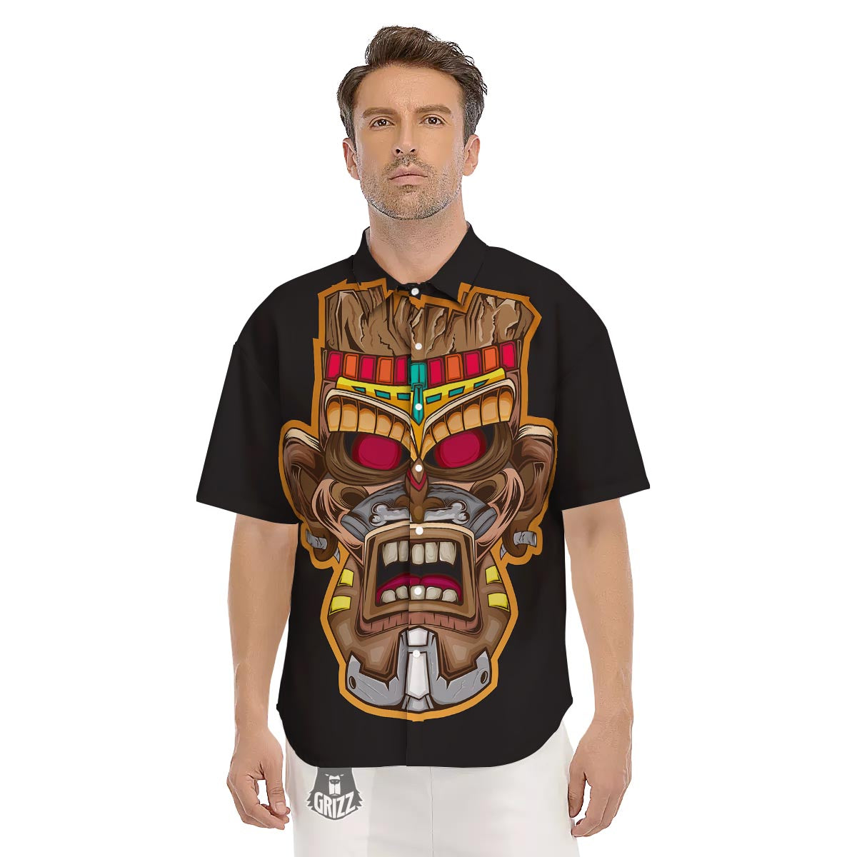 Totem Tiki Print Men's Short Sleeve Shirts-grizzshop