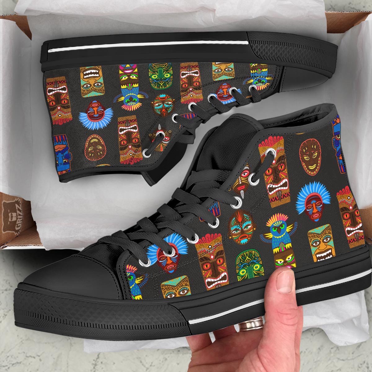 Totem Tiki Print Pattern Black High Top Shoes-grizzshop