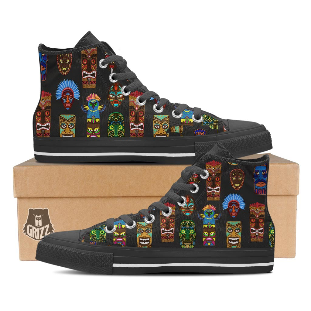 Totem Tiki Print Pattern Black High Top Shoes-grizzshop