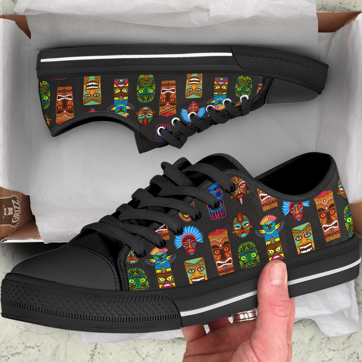 Totem Tiki Print Pattern Black Low Top Shoes-grizzshop