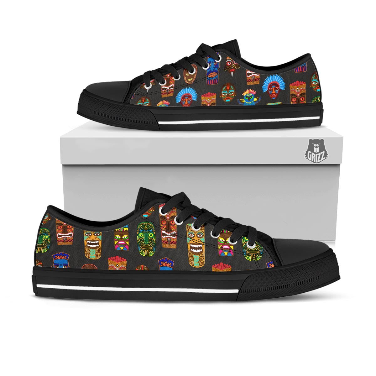 Totem Tiki Print Pattern Black Low Top Shoes-grizzshop