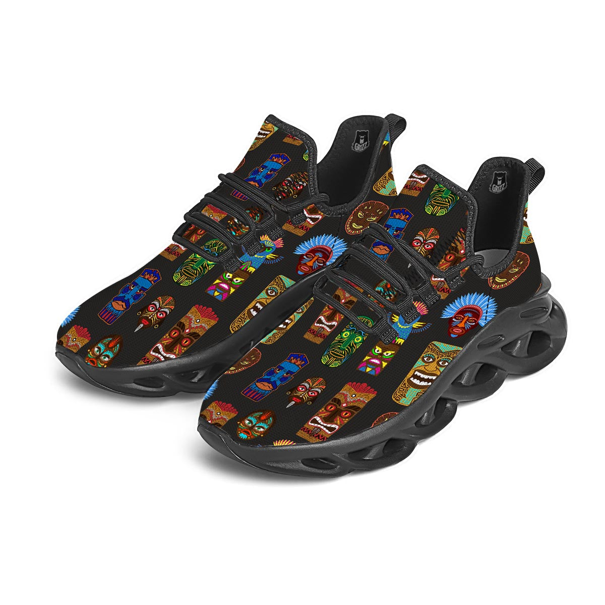 Totem Tiki Print Pattern Black Running Shoes-grizzshop