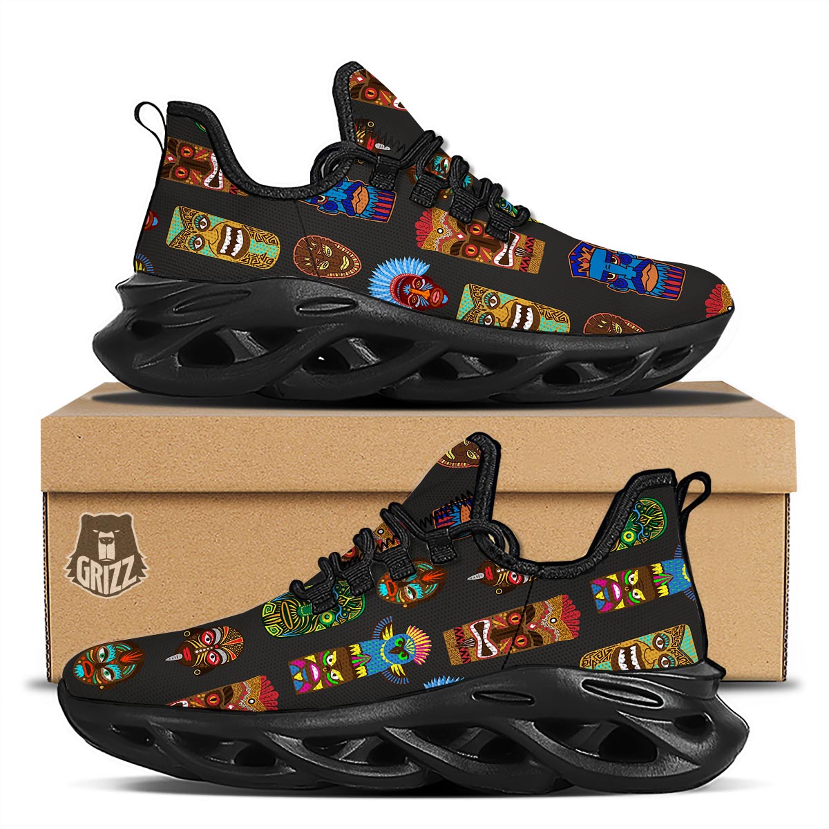 Totem Tiki Print Pattern Black Running Shoes-grizzshop