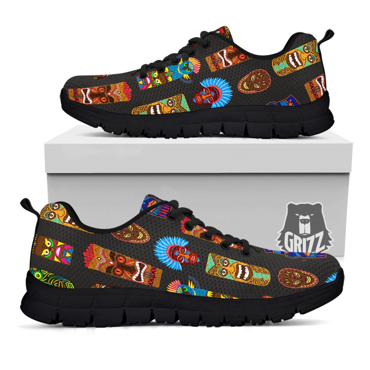 Totem Tiki Print Pattern Black Sneaker-grizzshop