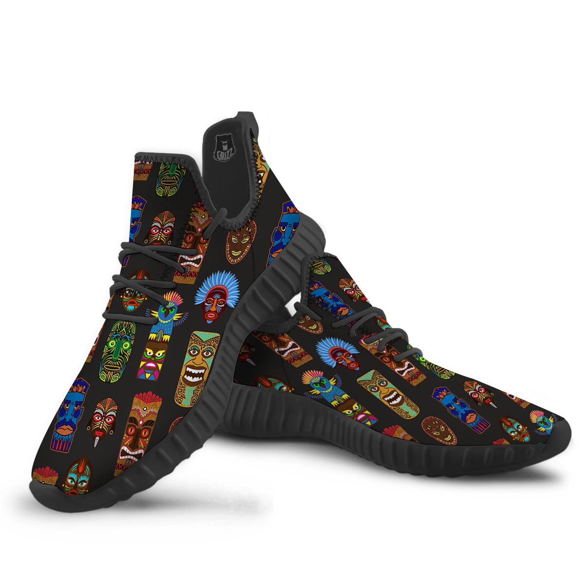 Totem Tiki Print Pattern Black Walking Shoes-grizzshop