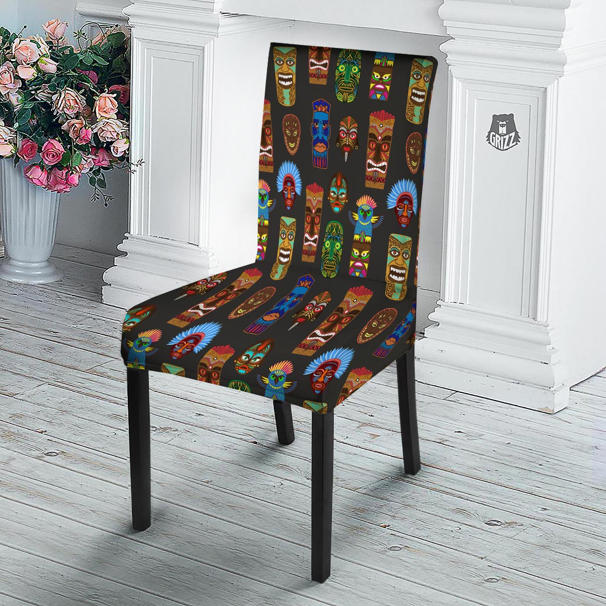 Totem Tiki Print Pattern Dining Chair Slipcover-grizzshop