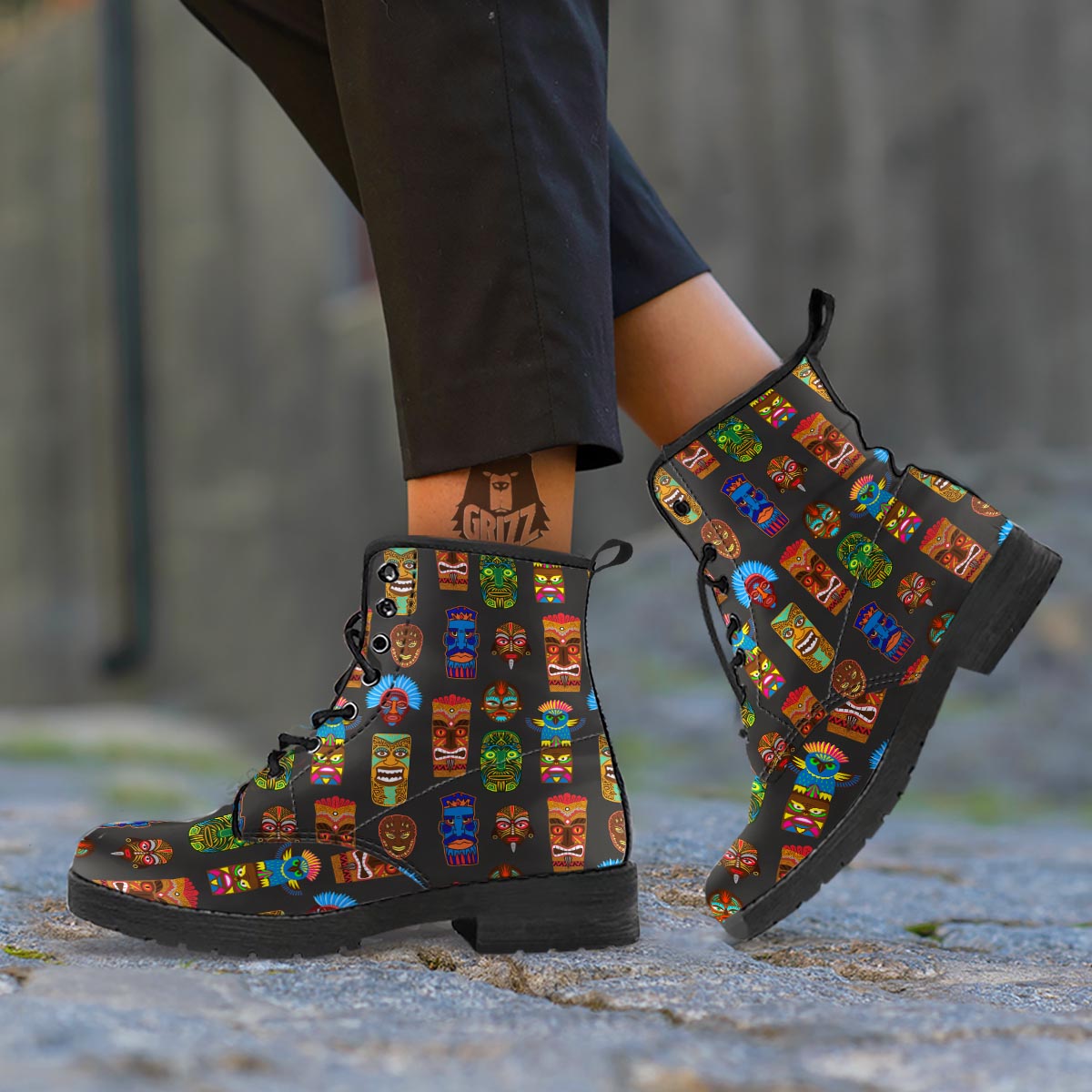 Totem Tiki Print Pattern Leather Boots-grizzshop