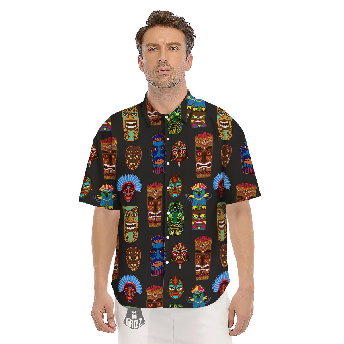 Totem Tiki Print Pattern Men's Short Sleeve Shirts-grizzshop