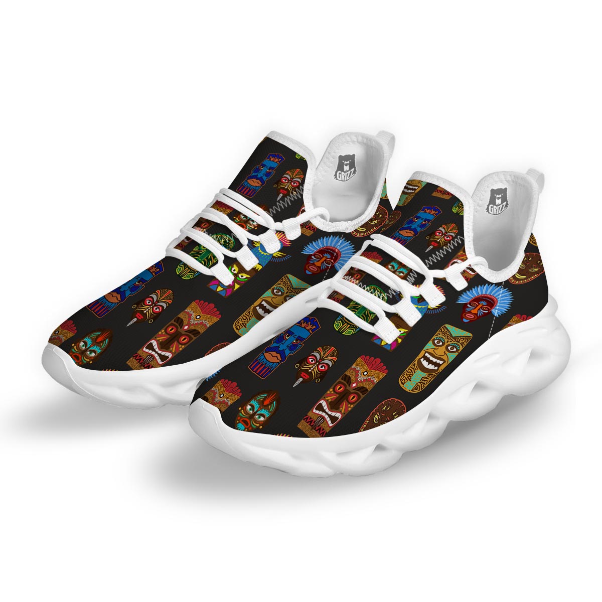 Totem Tiki Print Pattern White Running Shoes-grizzshop