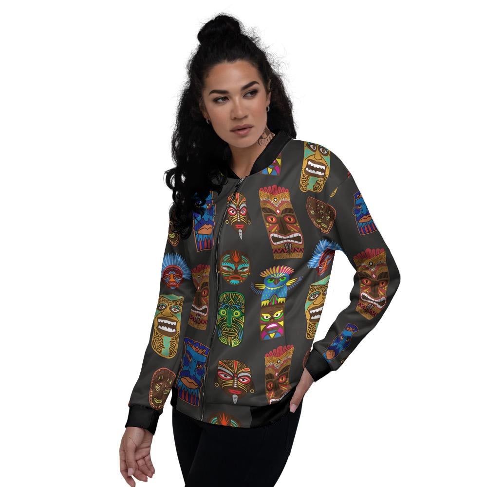 Totem Tiki Print Pattern Women's Bomber Jacket-grizzshop