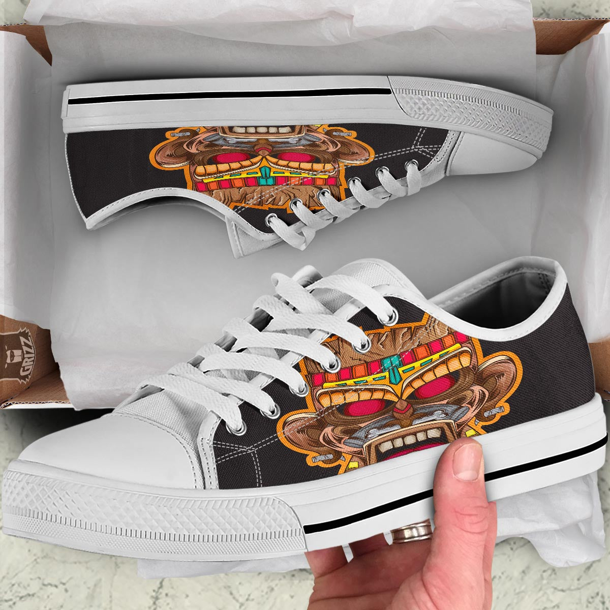 Totem Tiki Print White Low Top Shoes-grizzshop