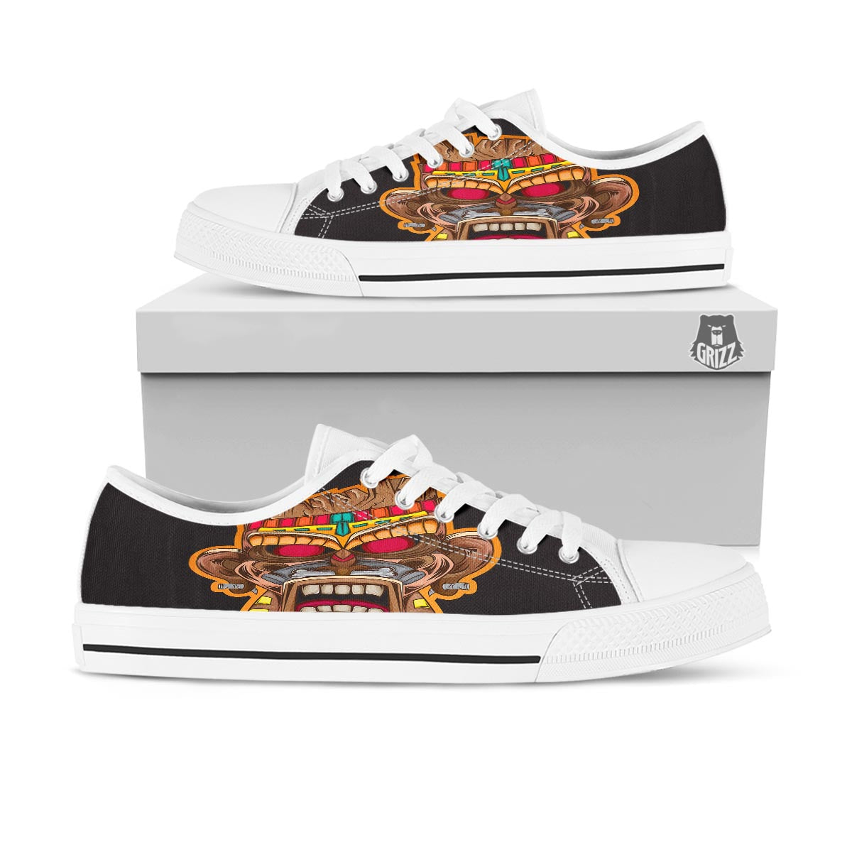 Totem Tiki Print White Low Top Shoes-grizzshop