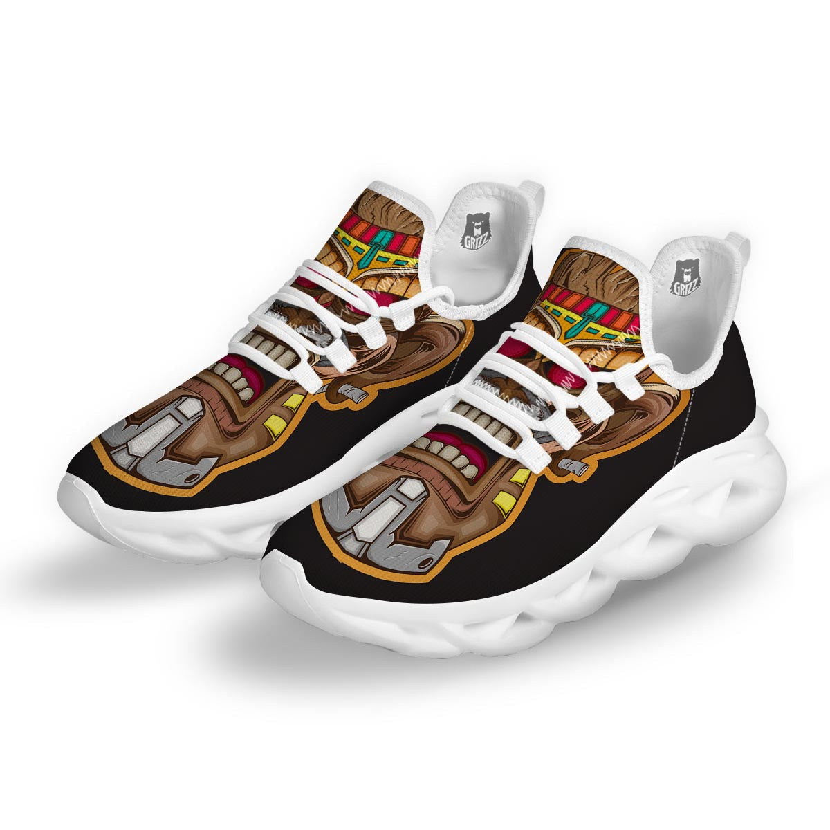 Totem Tiki Print White Running Shoes-grizzshop