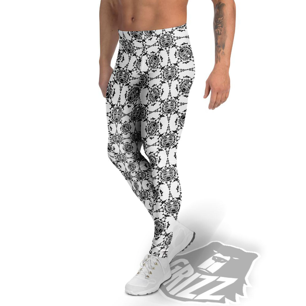 Totem White And Black Print Pattern Men's Leggings-grizzshop