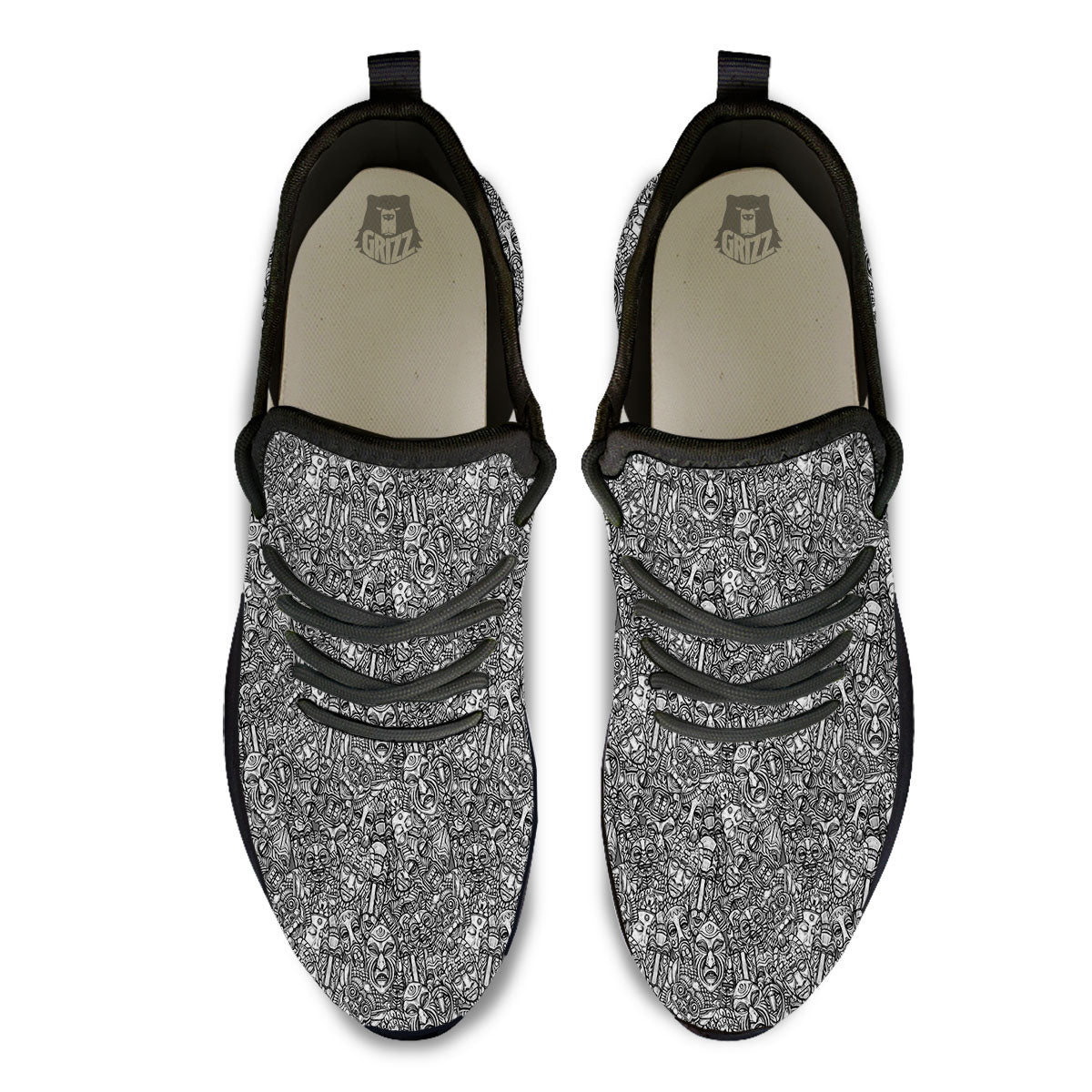 Totem White And Grey Print Pattern Black Athletic Shoes-grizzshop