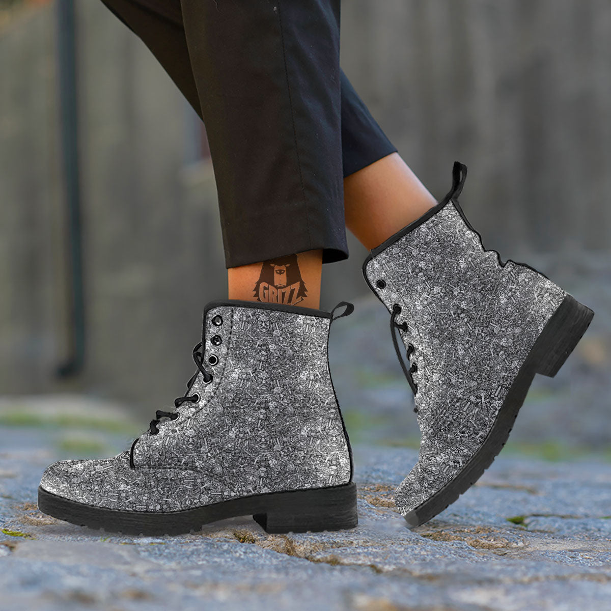 Totem White And Grey Print Pattern Leather Boots-grizzshop