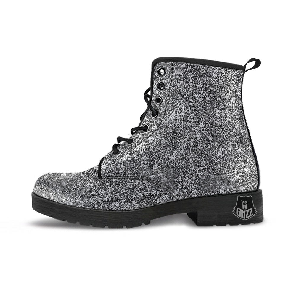 Totem White And Grey Print Pattern Leather Boots-grizzshop