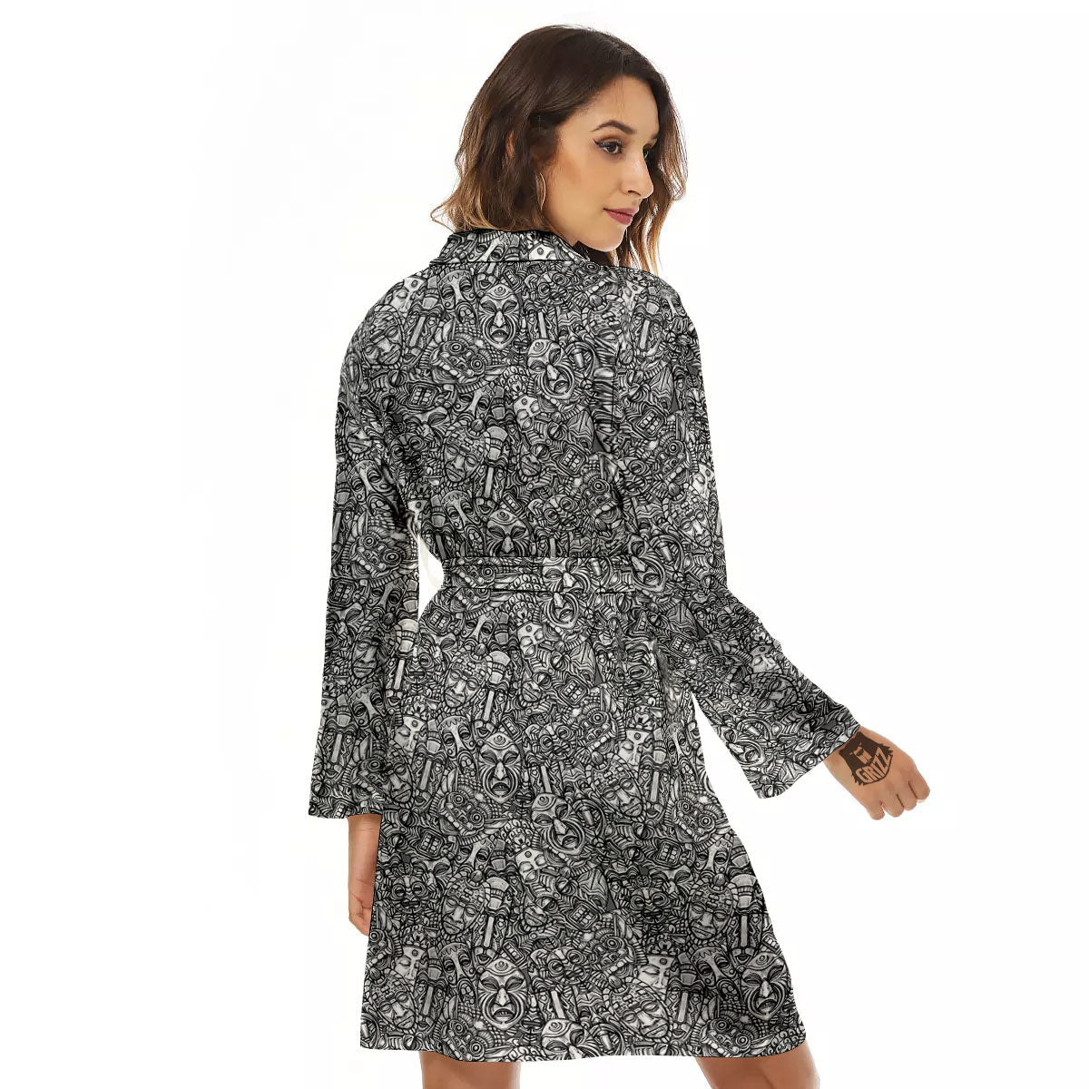 Totem White And Grey Print Pattern Women's Robe-grizzshop