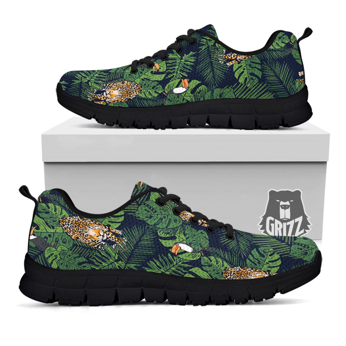 Toucan And Tiger Print Pattern Black Sneaker-grizzshop