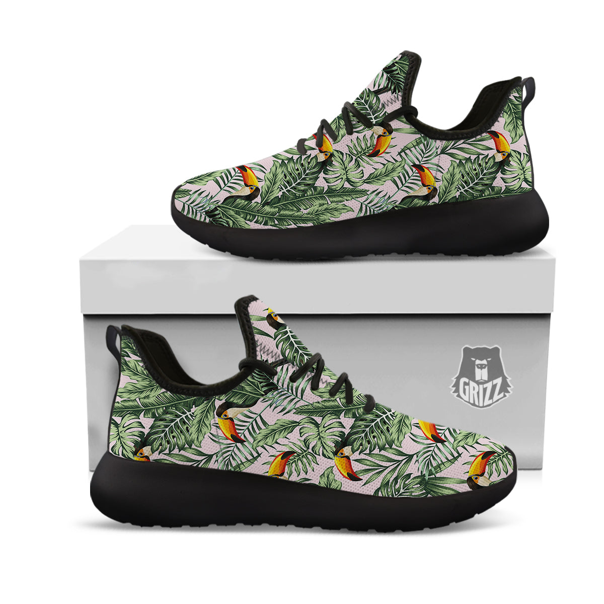 Toucan And Tropical Palm Leaf Print Black Athletic Shoes-grizzshop