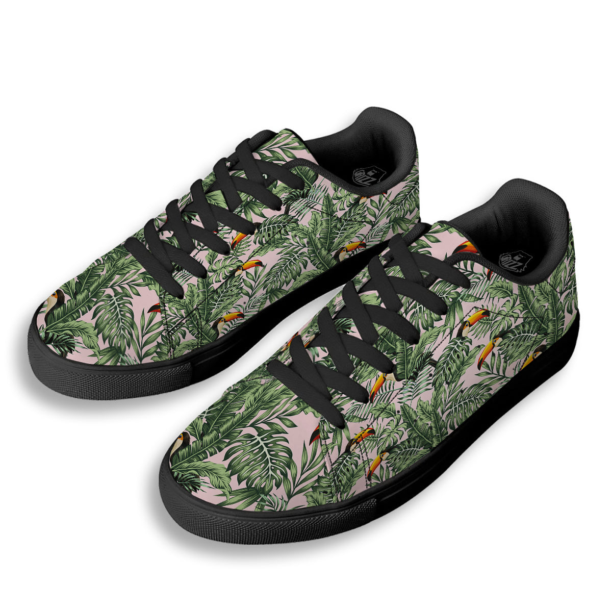 Toucan And Tropical Palm Leaf Print Black Low Top Sneakers-grizzshop