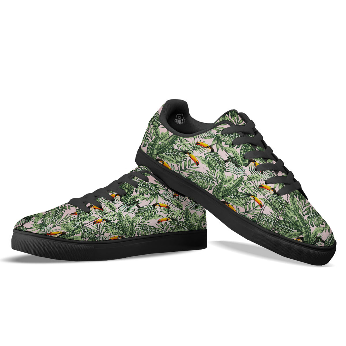 Toucan And Tropical Palm Leaf Print Black Low Top Sneakers-grizzshop