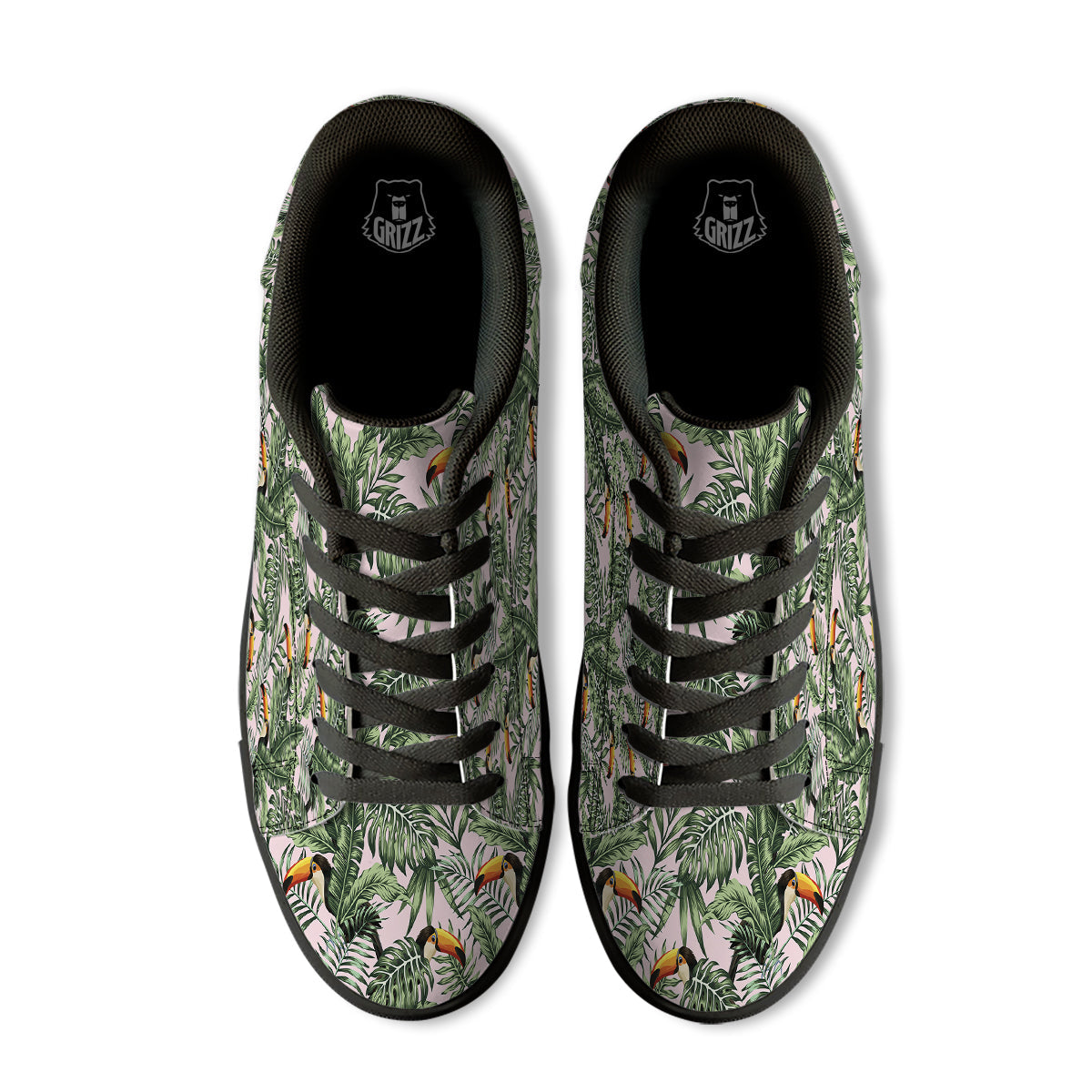 Toucan And Tropical Palm Leaf Print Black Low Top Sneakers-grizzshop