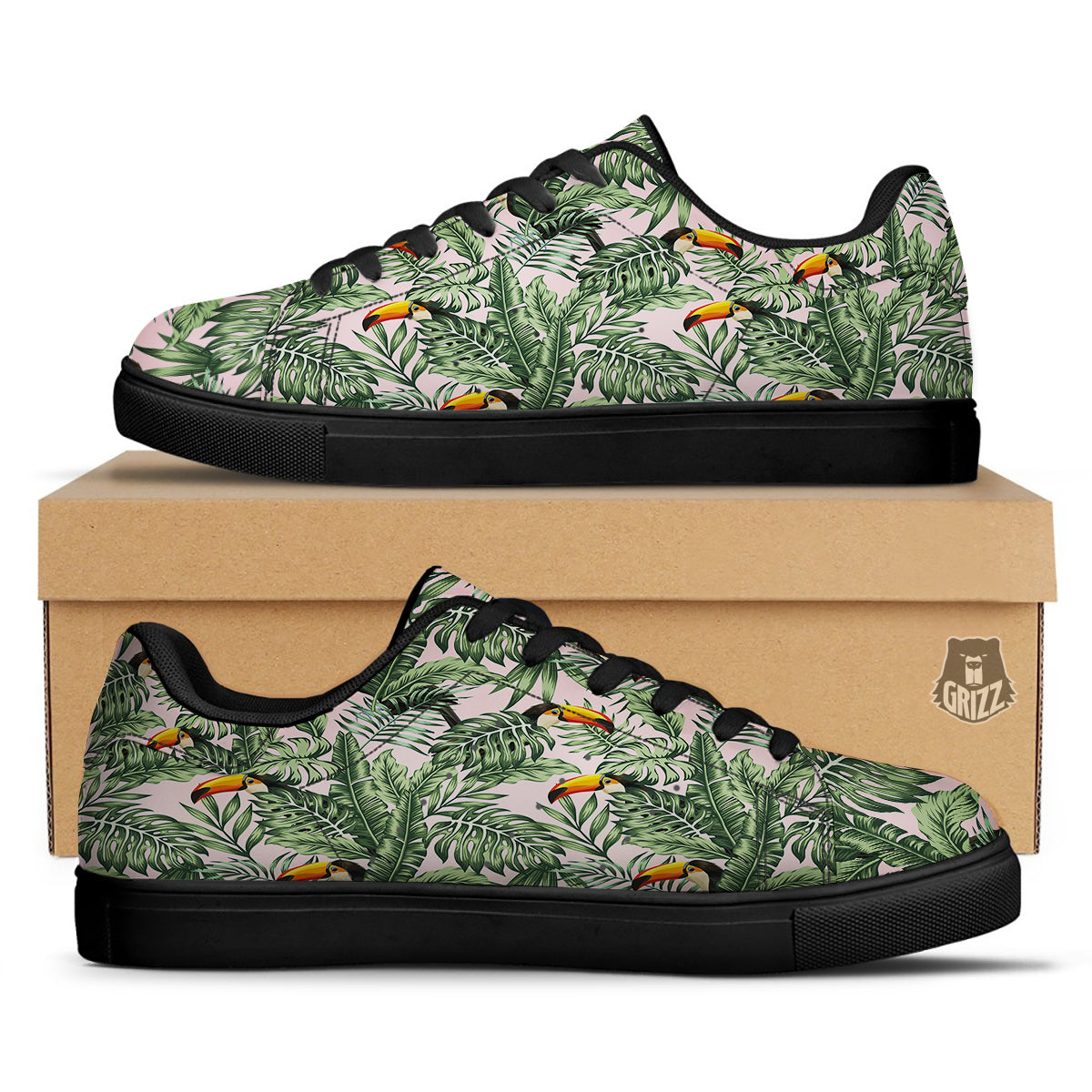 Toucan And Tropical Palm Leaf Print Black Low Top Sneakers-grizzshop