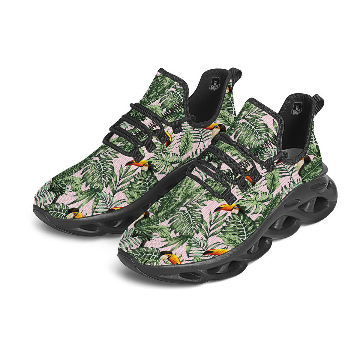 Toucan And Tropical Palm Leaf Print Black Running Shoes-grizzshop