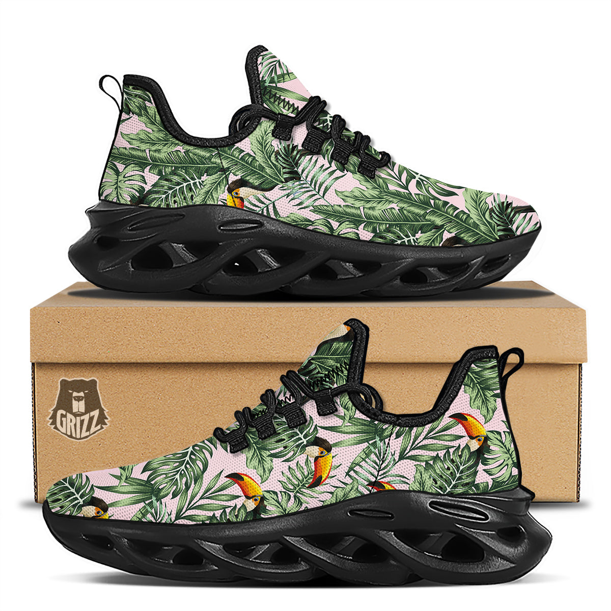 Toucan And Tropical Palm Leaf Print Black Running Shoes-grizzshop