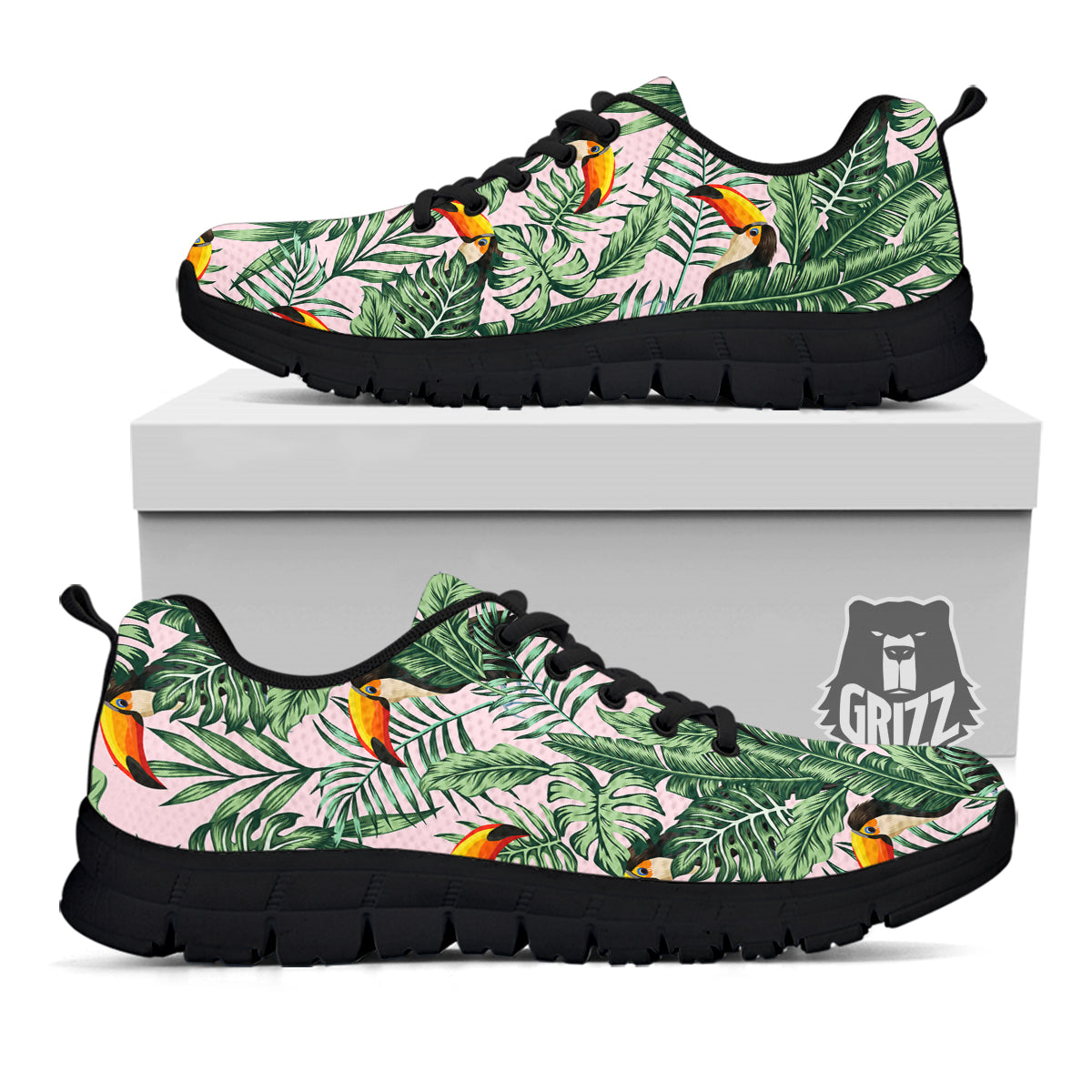 Toucan And Tropical Palm Leaf Print Black Sneaker-grizzshop