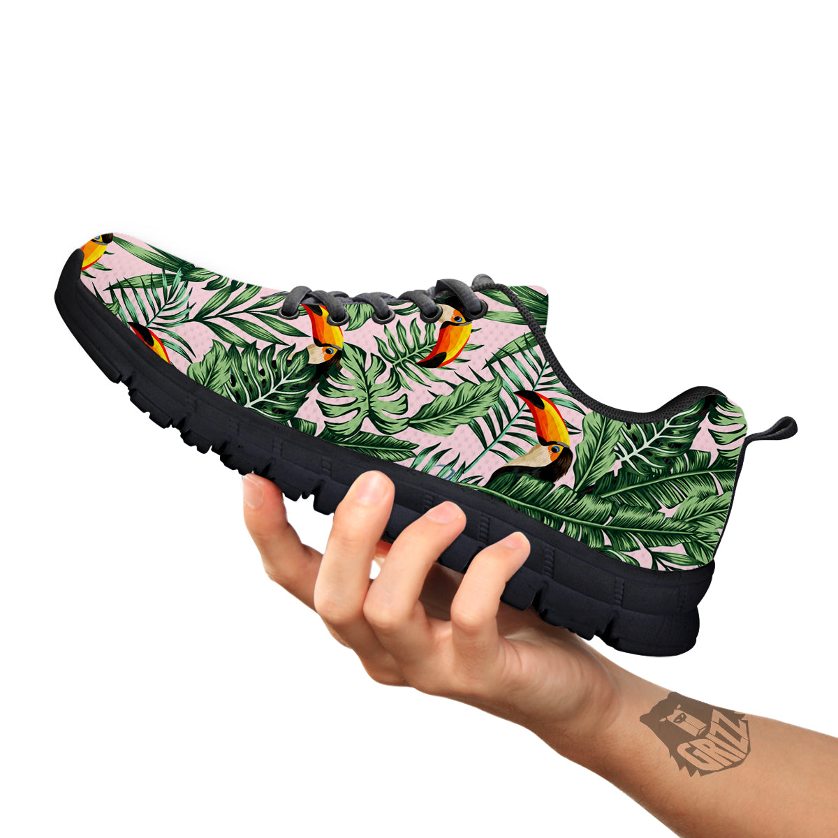 Toucan And Tropical Palm Leaf Print Black Sneaker-grizzshop