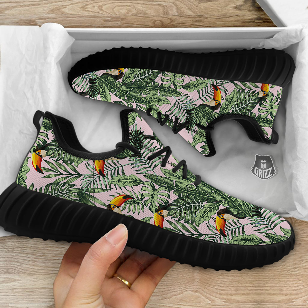 Toucan And Tropical Palm Leaf Print Black Walking Shoes-grizzshop