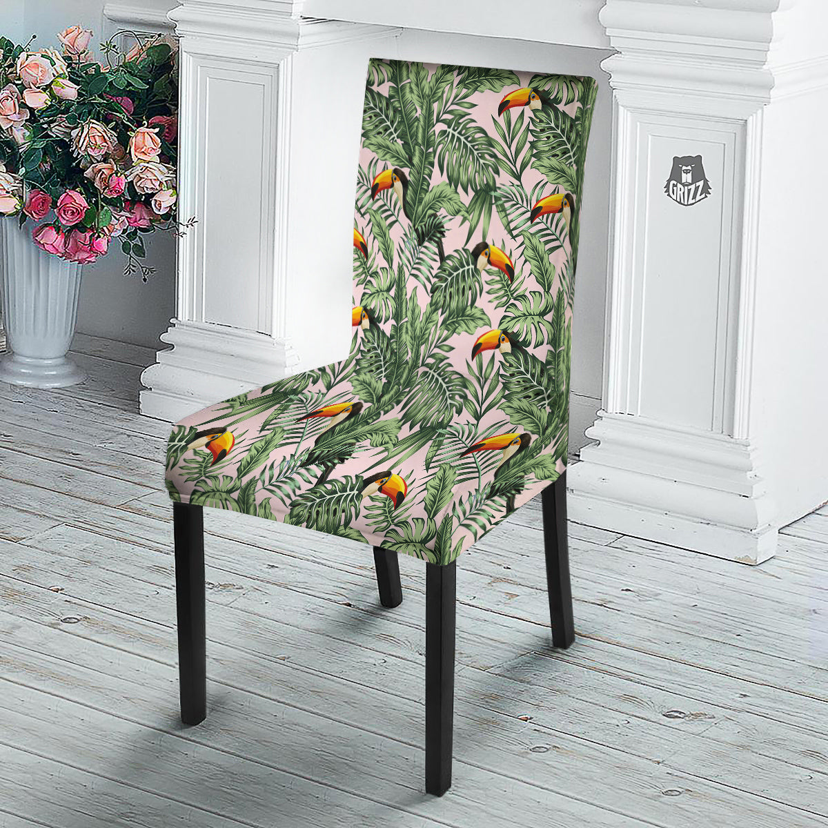 Toucan And Tropical Palm Leaf Print Dining Chair Slipcover-grizzshop