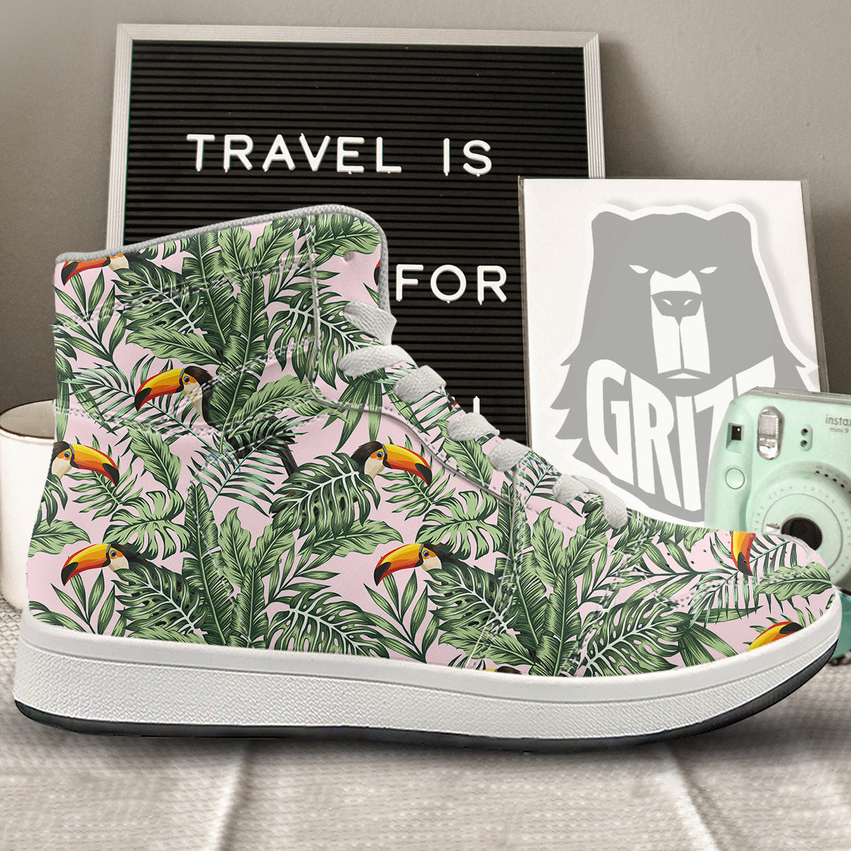 Toucan And Tropical Palm Leaf Print High Top Sneakers-grizzshop