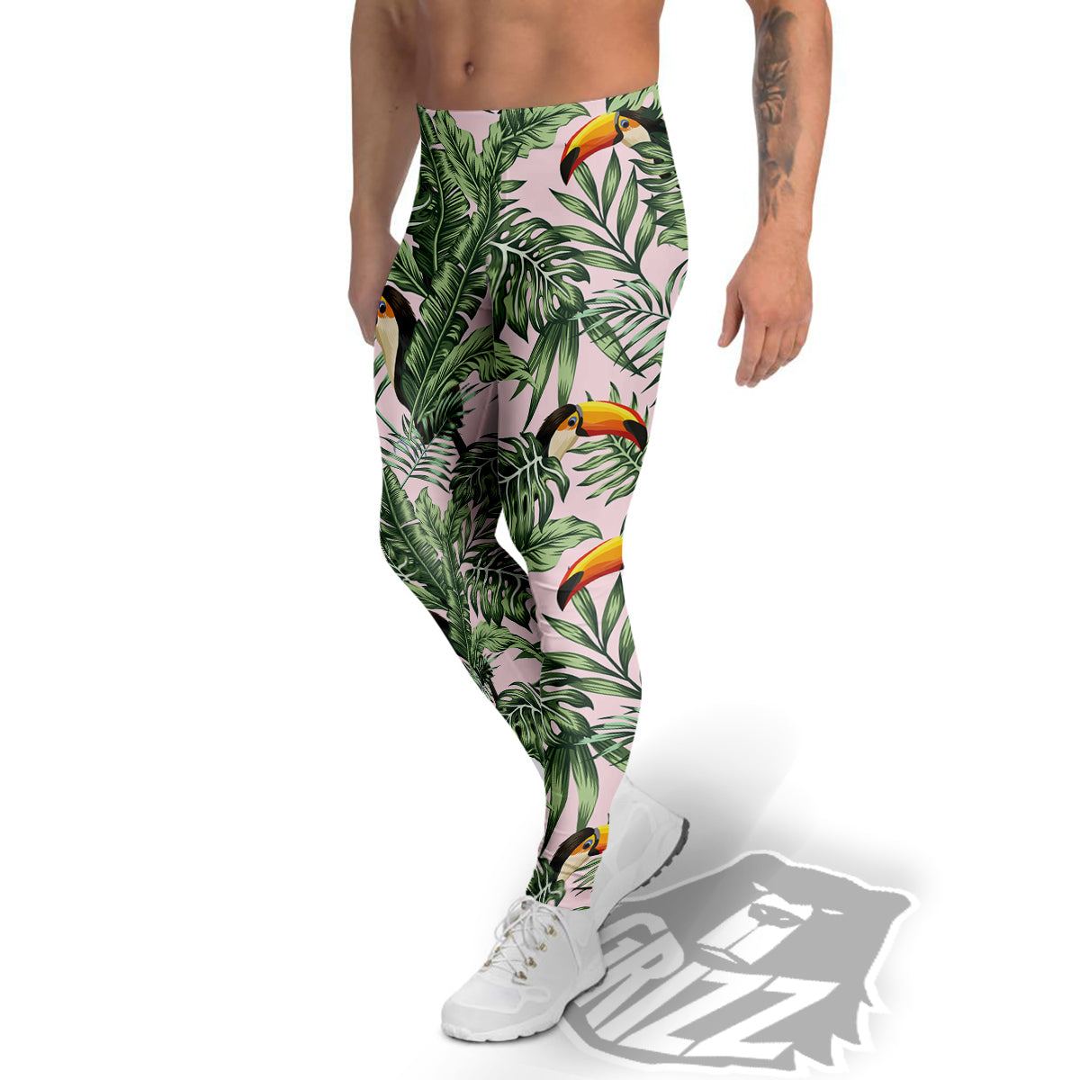 Toucan And Tropical Palm Leaf Print Men's Leggings-grizzshop