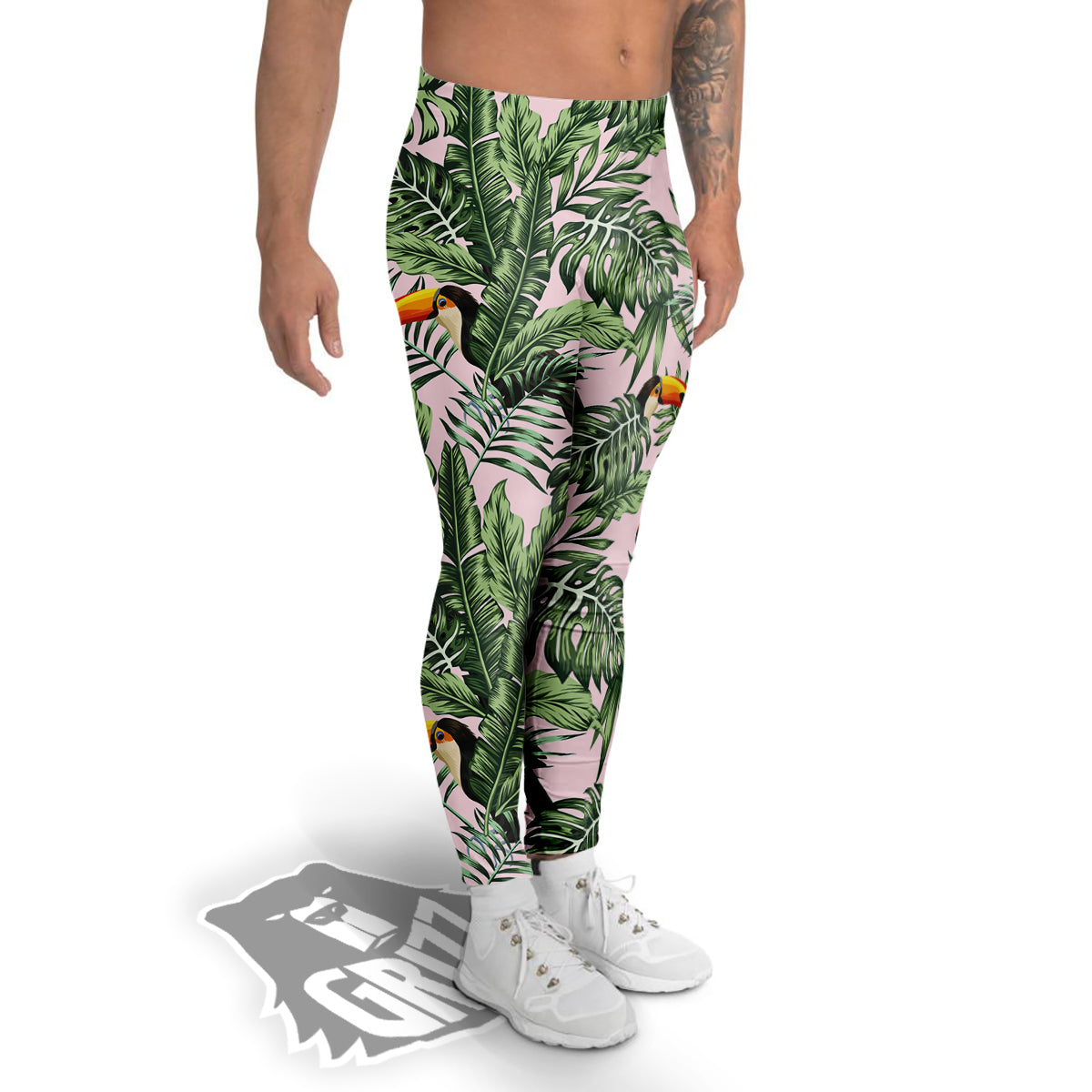 Toucan And Tropical Palm Leaf Print Men's Leggings-grizzshop