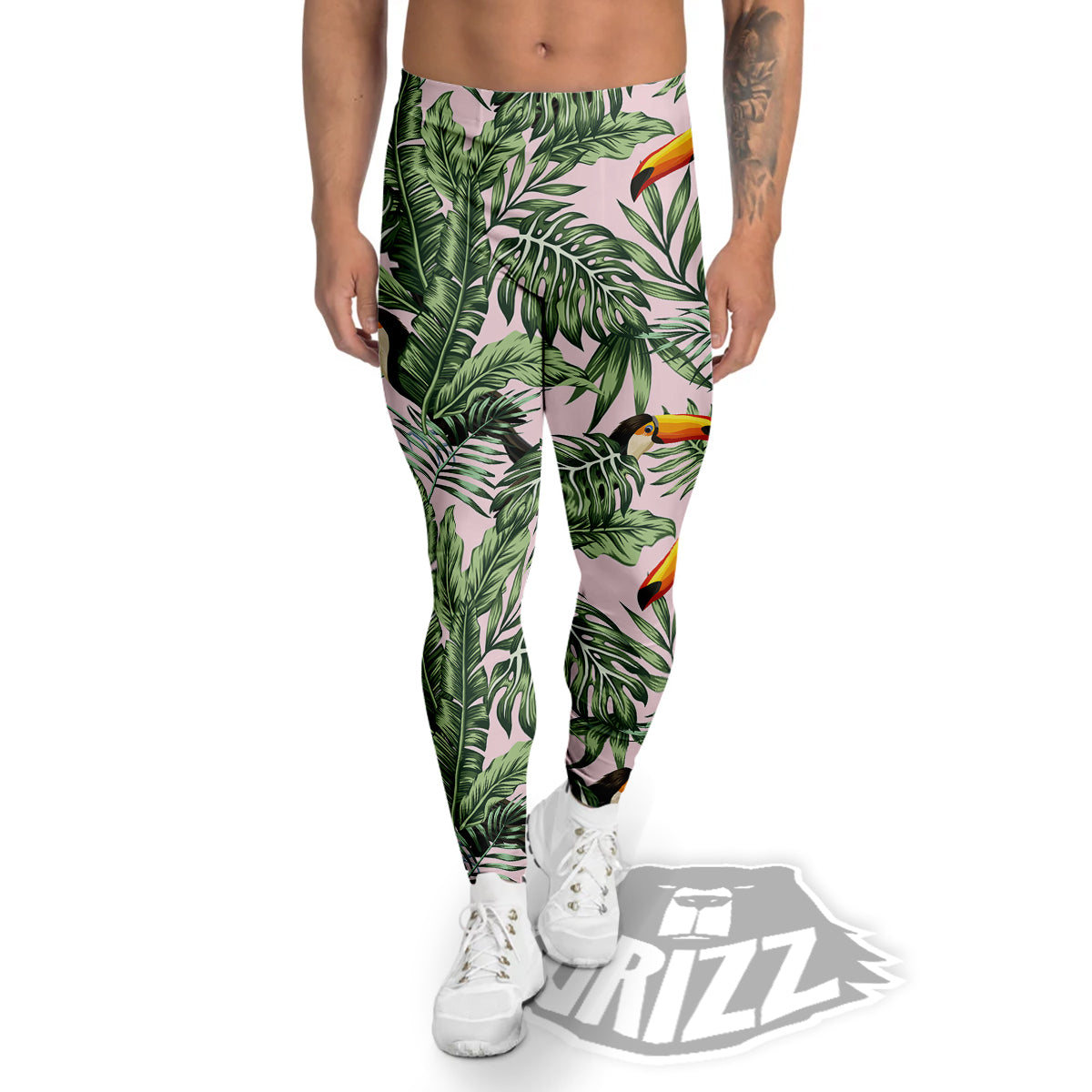 Toucan And Tropical Palm Leaf Print Men's Leggings-grizzshop