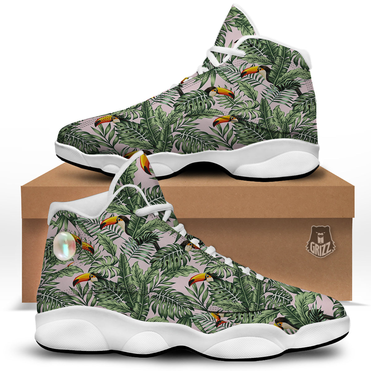 Toucan And Tropical Palm Leaf Print White Basketball Shoes-grizzshop