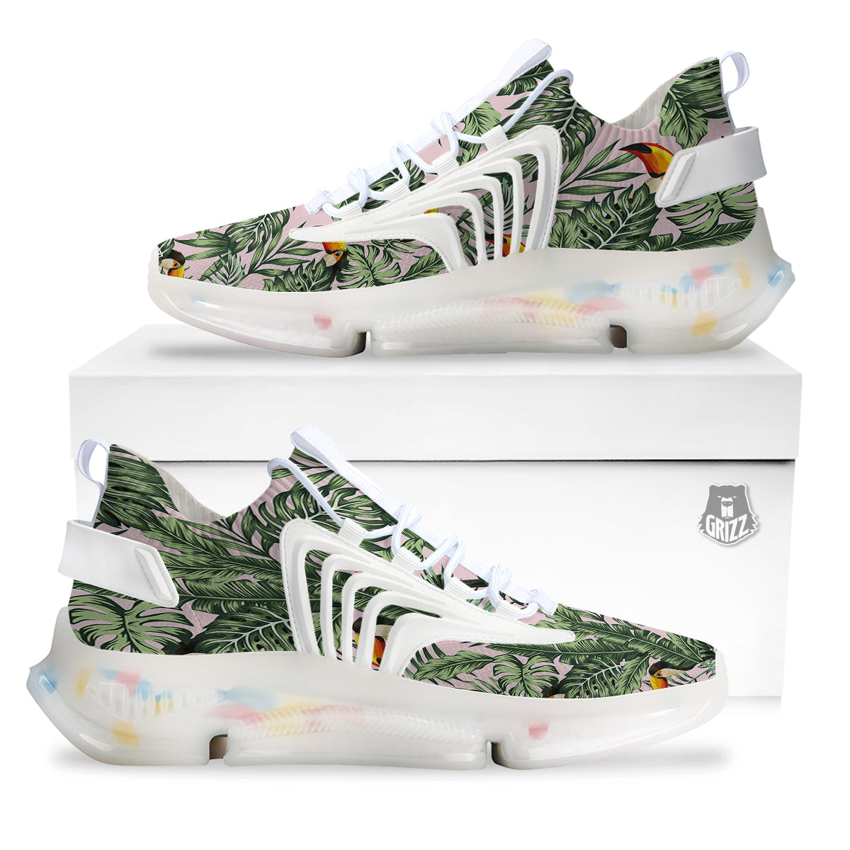 Toucan And Tropical Palm Leaf Print White Gym Shoes-grizzshop
