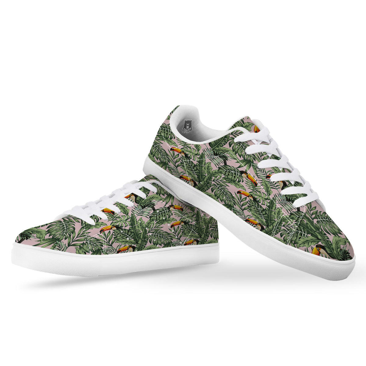 Toucan And Tropical Palm Leaf Print White Low Top Sneakers-grizzshop