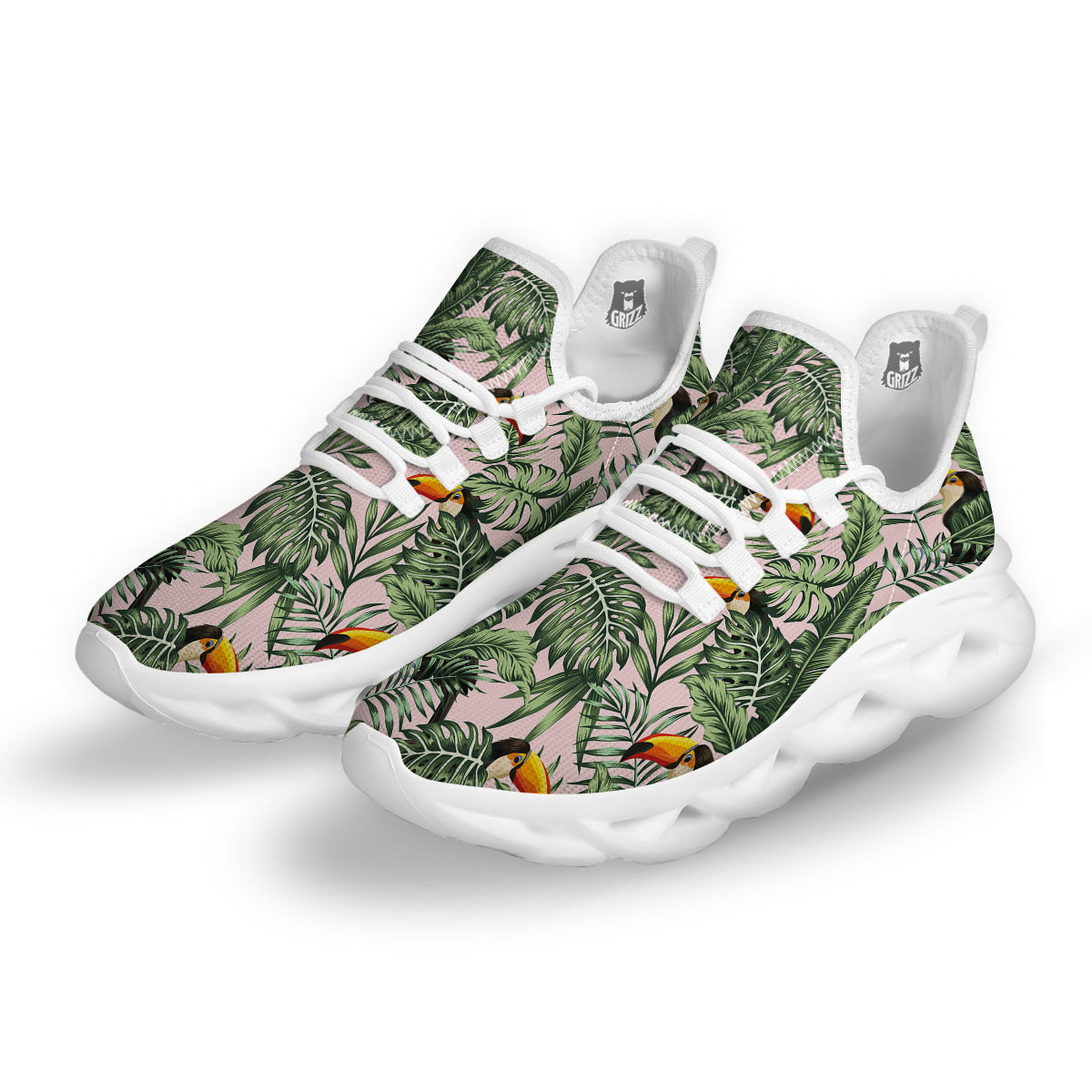 Toucan And Tropical Palm Leaf Print White Running Shoes-grizzshop