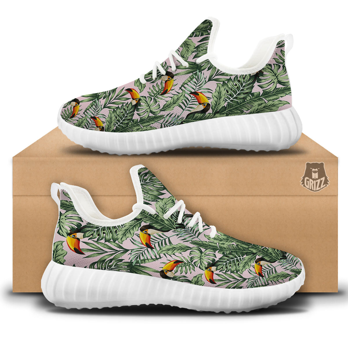Toucan And Tropical Palm Leaf Print White Walking Shoes-grizzshop