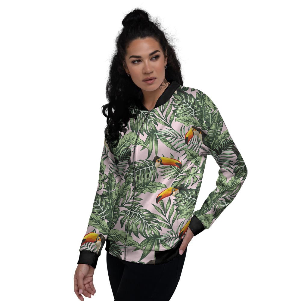 Toucan And Tropical Palm Leaf Print Women's Bomber Jacket-grizzshop